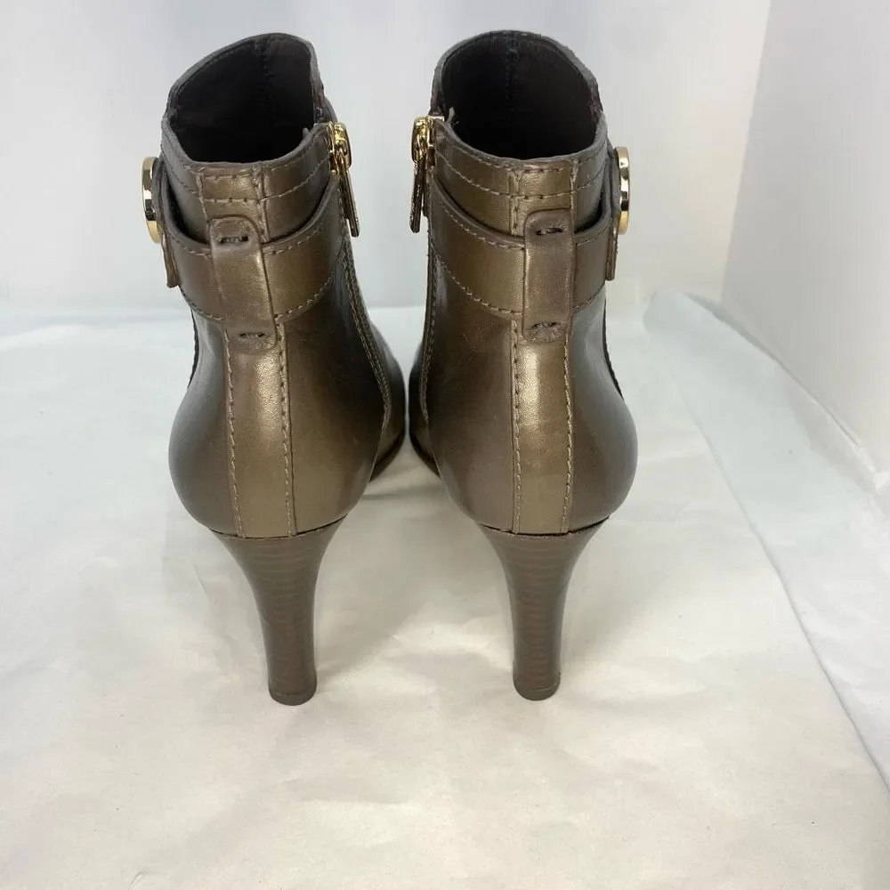 🫒Tory Burch Olive Brown Leather Ankle Booties with Gold Logo
